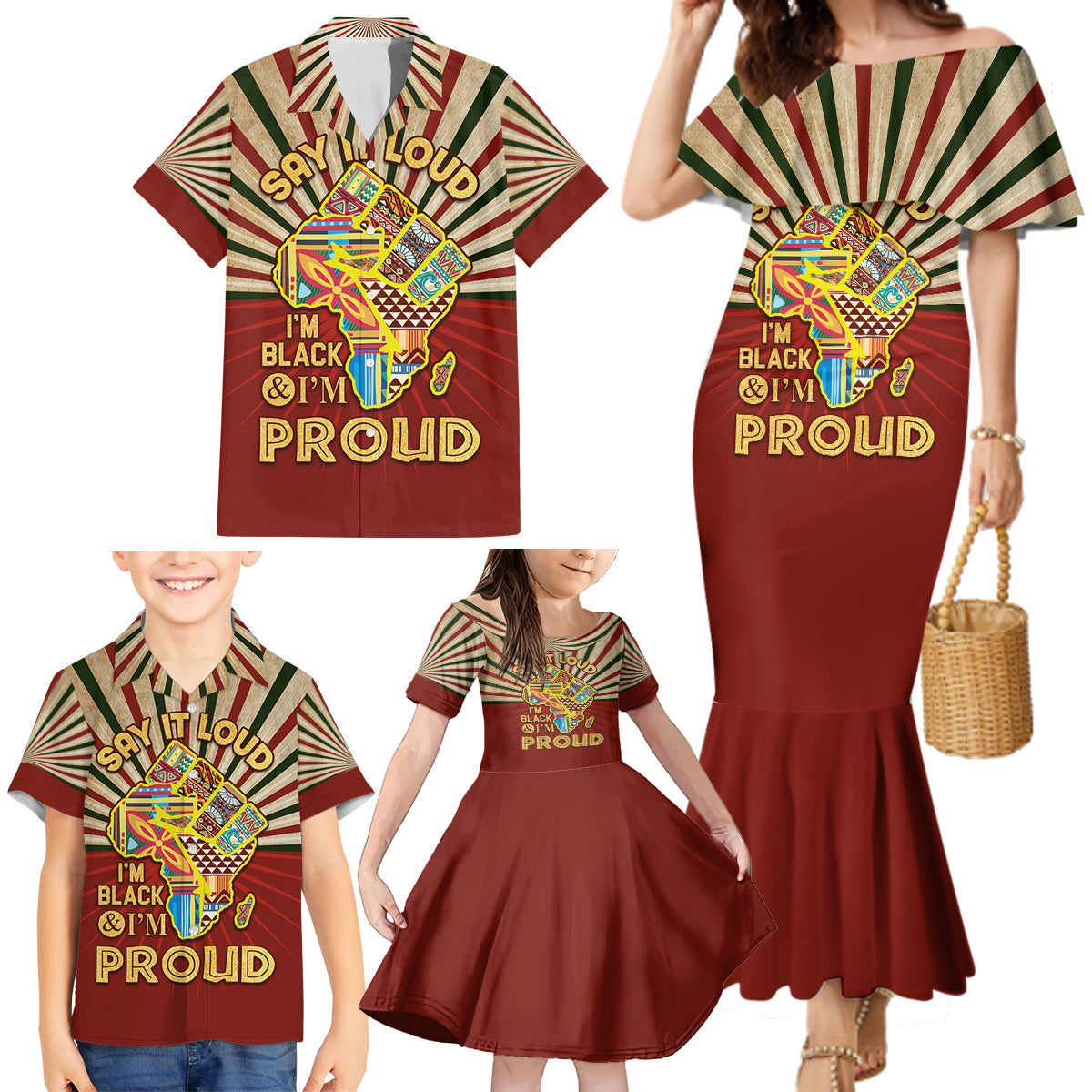 I'm Black and I'm Proud African Family Matching Mermaid Dress and Hawaiian Shirt Hand Up Africa Map Art - Wonder Print Shop