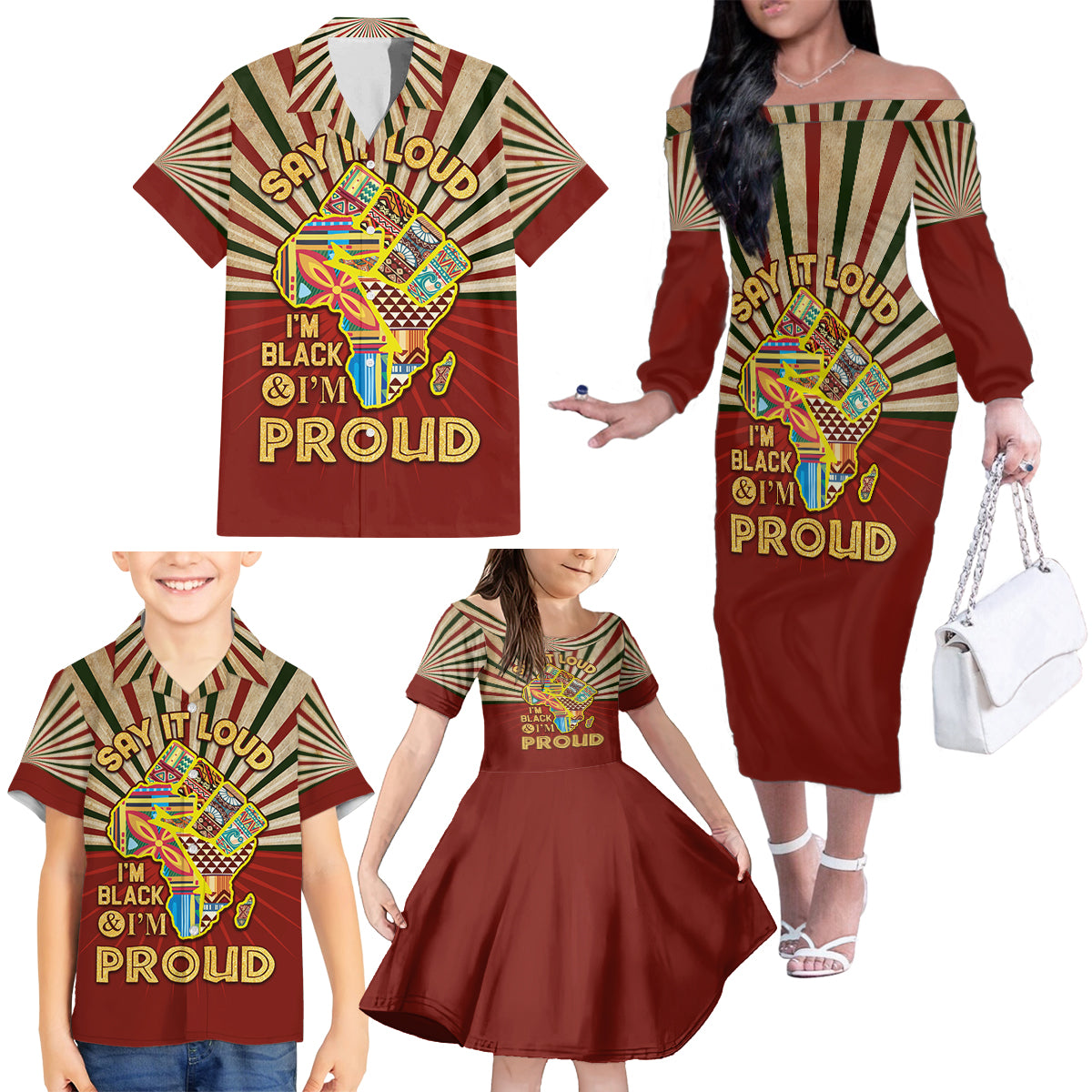 I'm Black and I'm Proud African Family Matching Off The Shoulder Long Sleeve Dress and Hawaiian Shirt Hand Up Africa Map Art - Wonder Print Shop