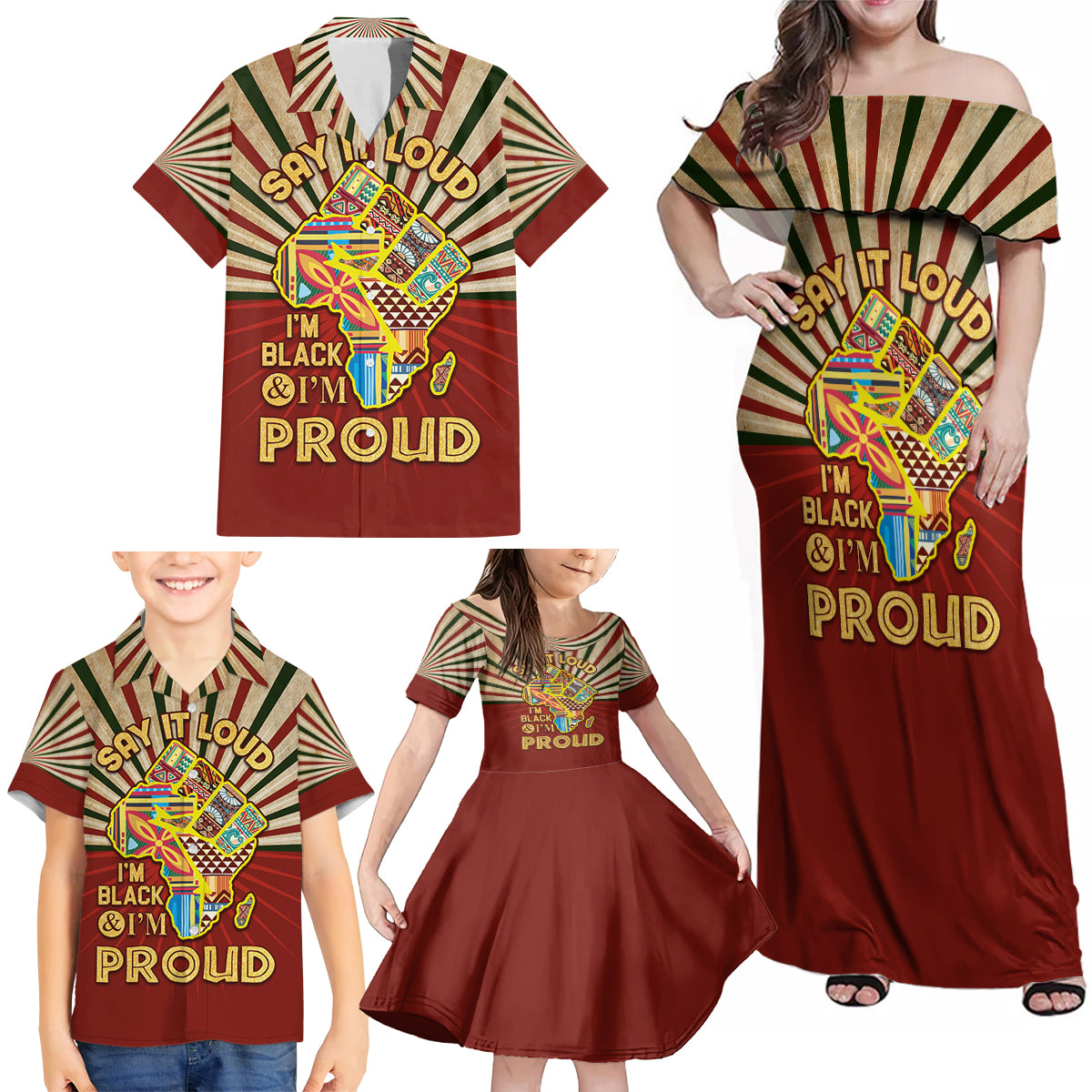 I'm Black and I'm Proud African Family Matching Off Shoulder Maxi Dress and Hawaiian Shirt Hand Up Africa Map Art - Wonder Print Shop