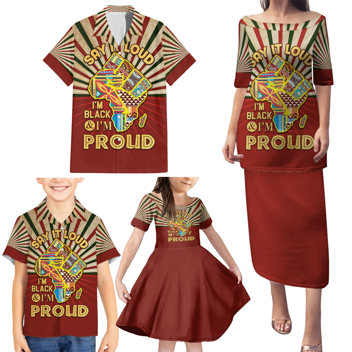 I'm Black and I'm Proud African Family Matching Puletasi and Hawaiian Shirt Hand Up Africa Map Art - Wonder Print Shop