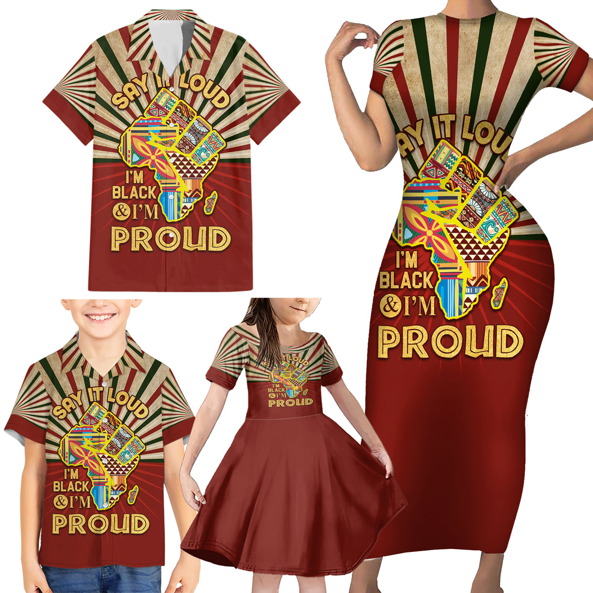 I'm Black and I'm Proud African Family Matching Short Sleeve Bodycon Dress and Hawaiian Shirt Hand Up Africa Map Art - Wonder Print Shop