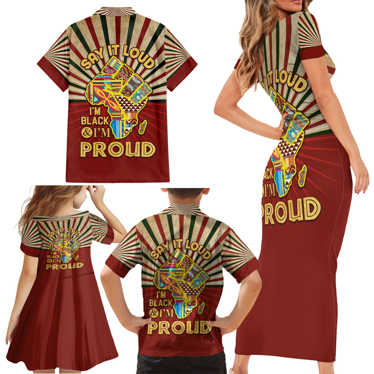 I'm Black and I'm Proud African Family Matching Short Sleeve Bodycon Dress and Hawaiian Shirt Hand Up Africa Map Art - Wonder Print Shop