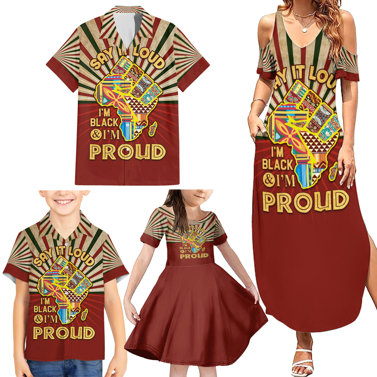 I'm Black and I'm Proud African Family Matching Summer Maxi Dress and Hawaiian Shirt Hand Up Africa Map Art - Wonder Print Shop