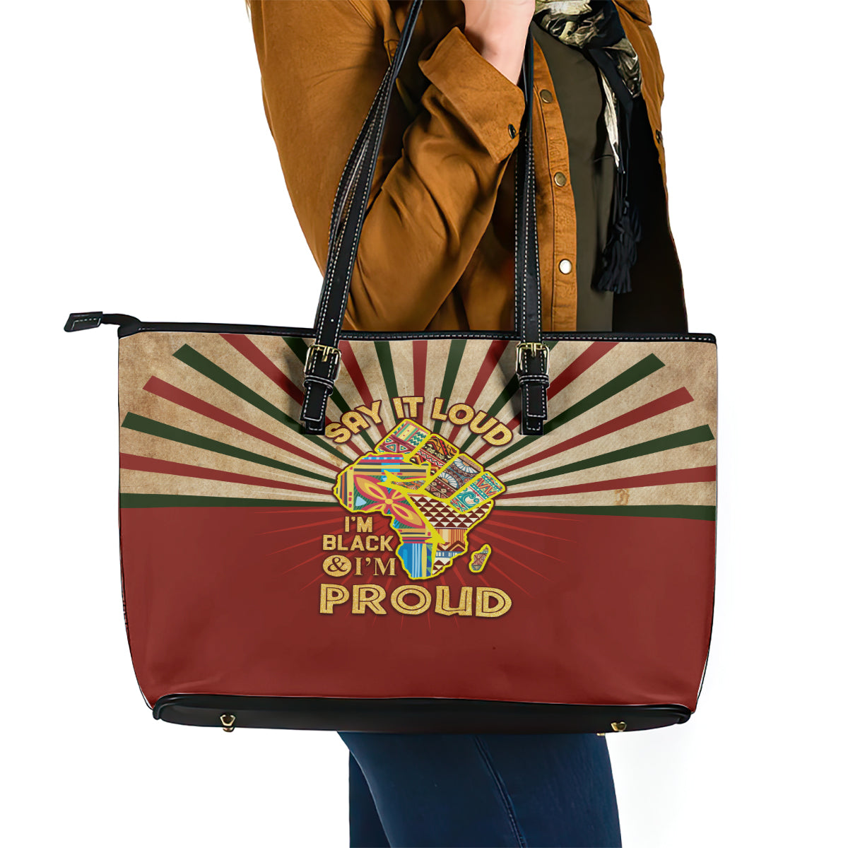 I'm Black and I'm Proud African Leather Tote Bag Hand Up Africa Map Art - Wonder Print Shop