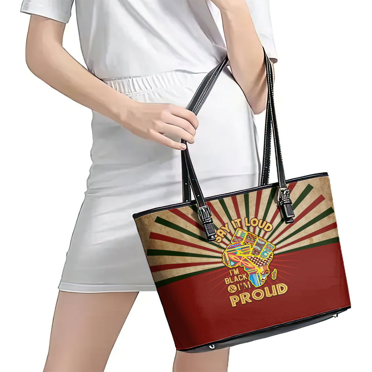 I'm Black and I'm Proud African Leather Tote Bag Hand Up Africa Map Art - Wonder Print Shop