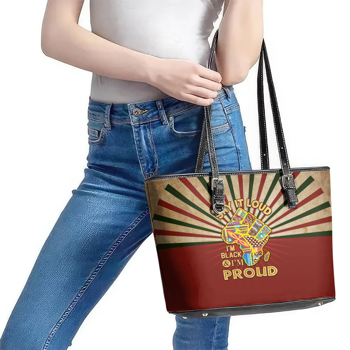 I'm Black and I'm Proud African Leather Tote Bag Hand Up Africa Map Art - Wonder Print Shop