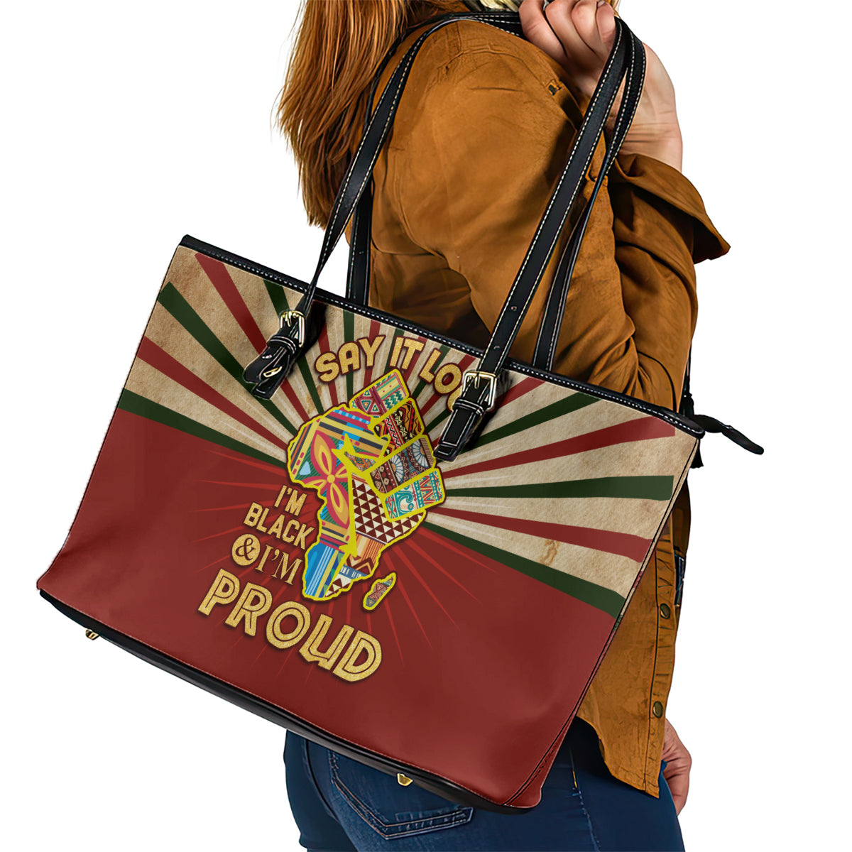 I'm Black and I'm Proud African Leather Tote Bag Hand Up Africa Map Art - Wonder Print Shop