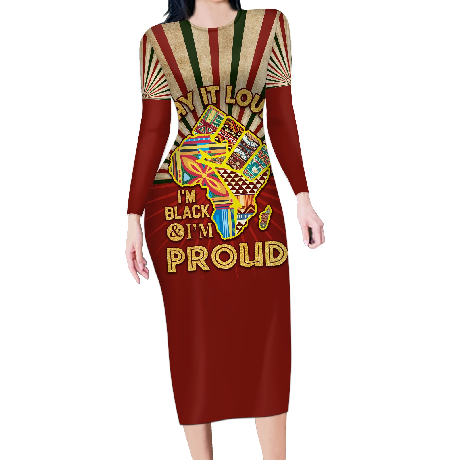 I'm Black and I'm Proud African Long Sleeve Bodycon Dress Hand Up Africa Map Art - Wonder Print Shop
