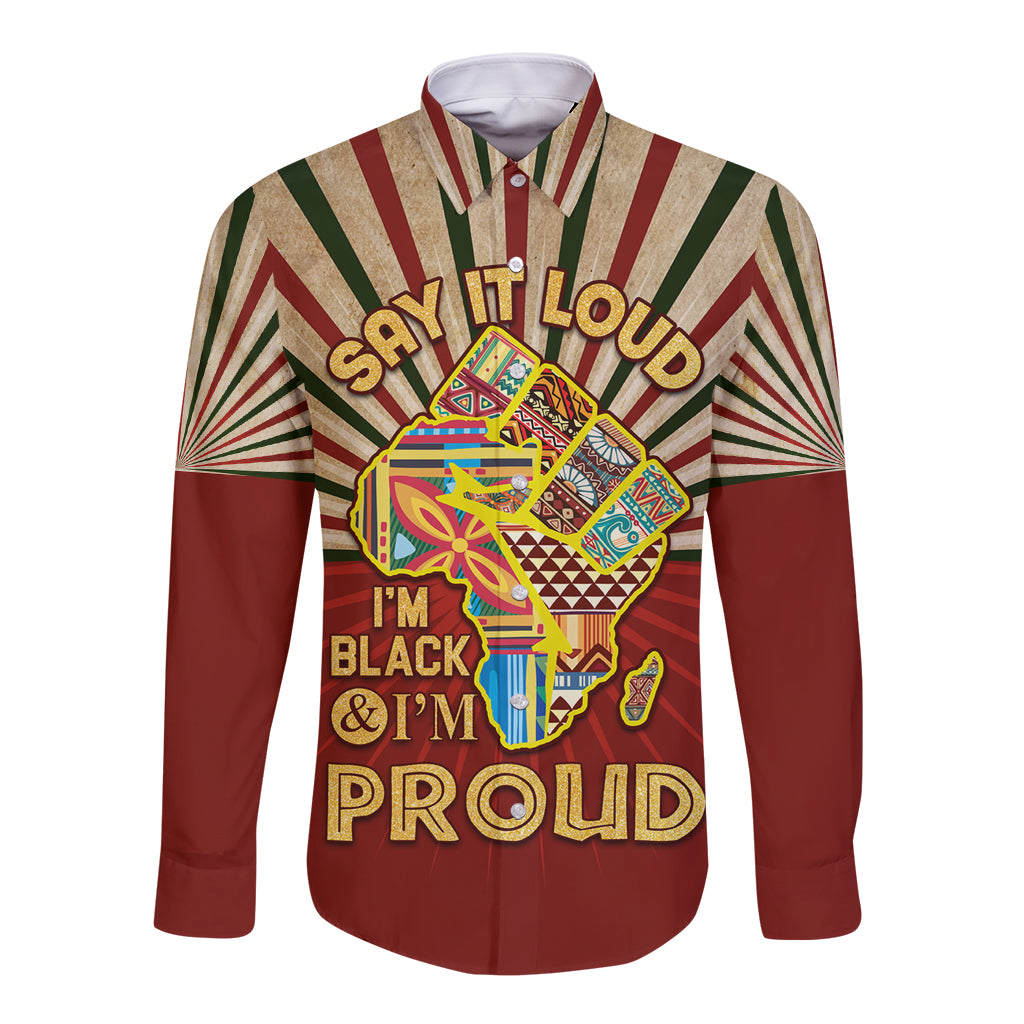 I'm Black and I'm Proud African Long Sleeve Button Shirt Hand Up Africa Map Art - Wonder Print Shop