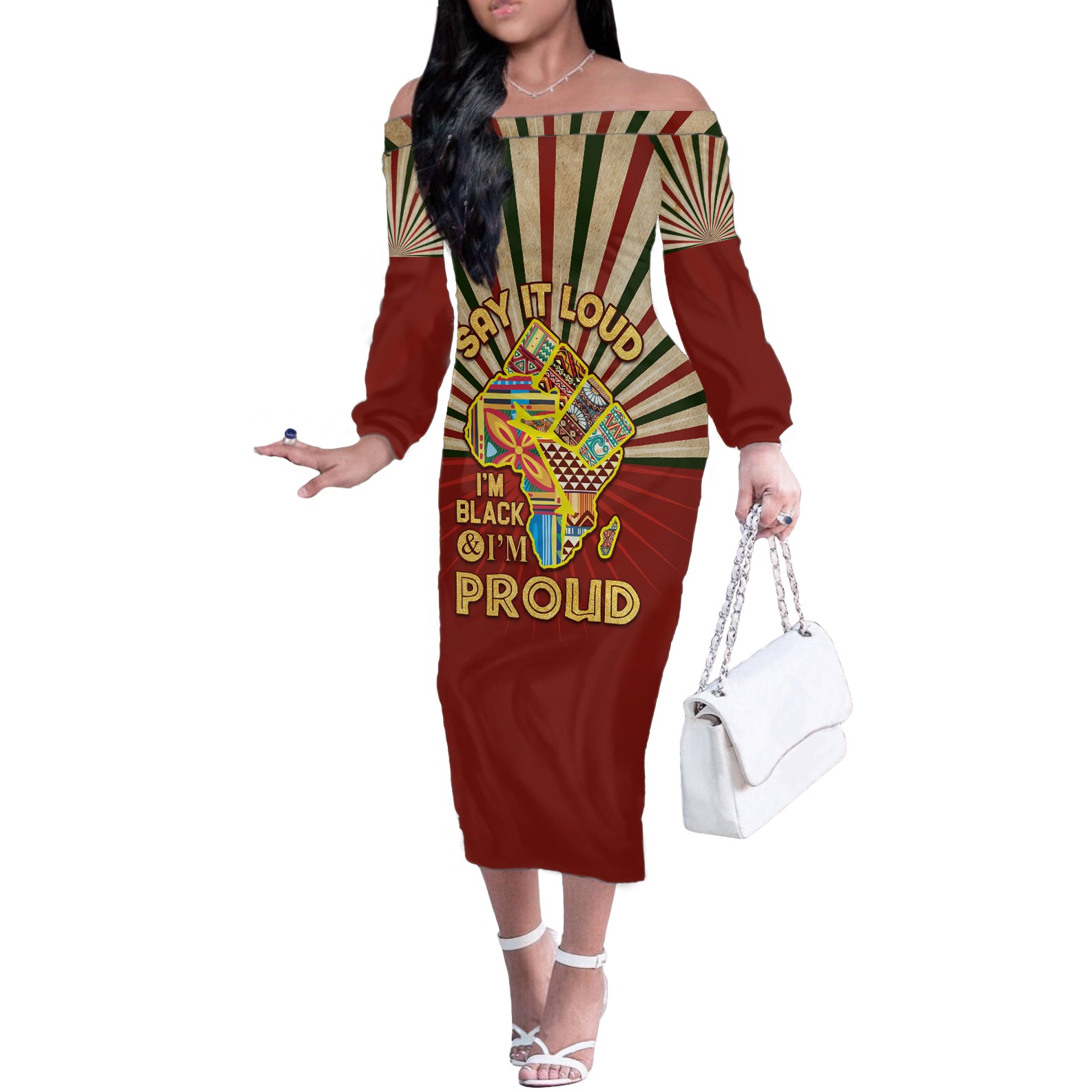 I'm Black and I'm Proud African Off The Shoulder Long Sleeve Dress Hand Up Africa Map Art - Wonder Print Shop