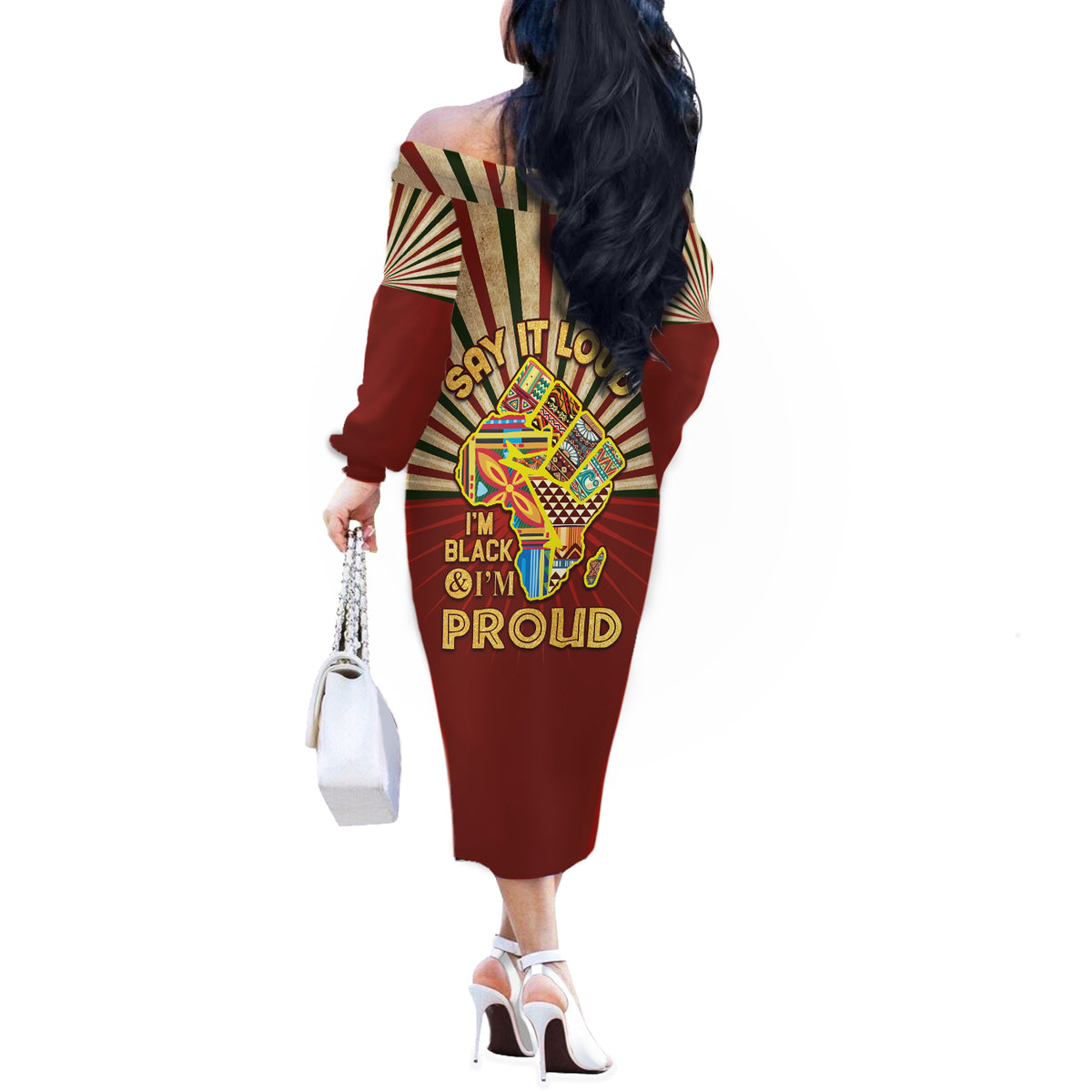 I'm Black and I'm Proud African Off The Shoulder Long Sleeve Dress Hand Up Africa Map Art - Wonder Print Shop