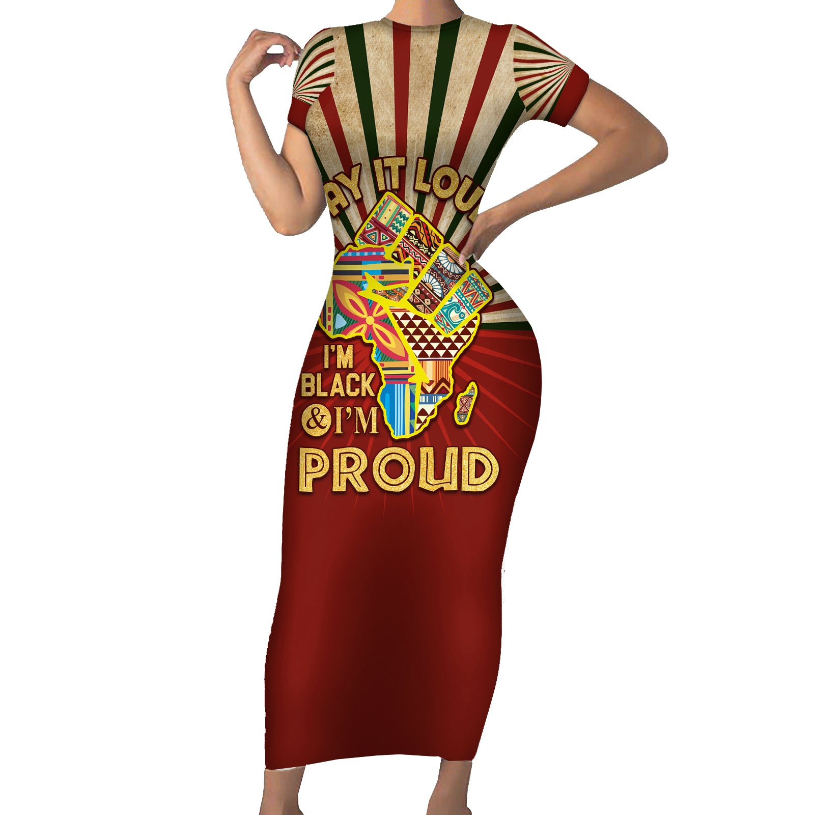 I'm Black and I'm Proud African Short Sleeve Bodycon Dress Hand Up Africa Map Art - Wonder Print Shop