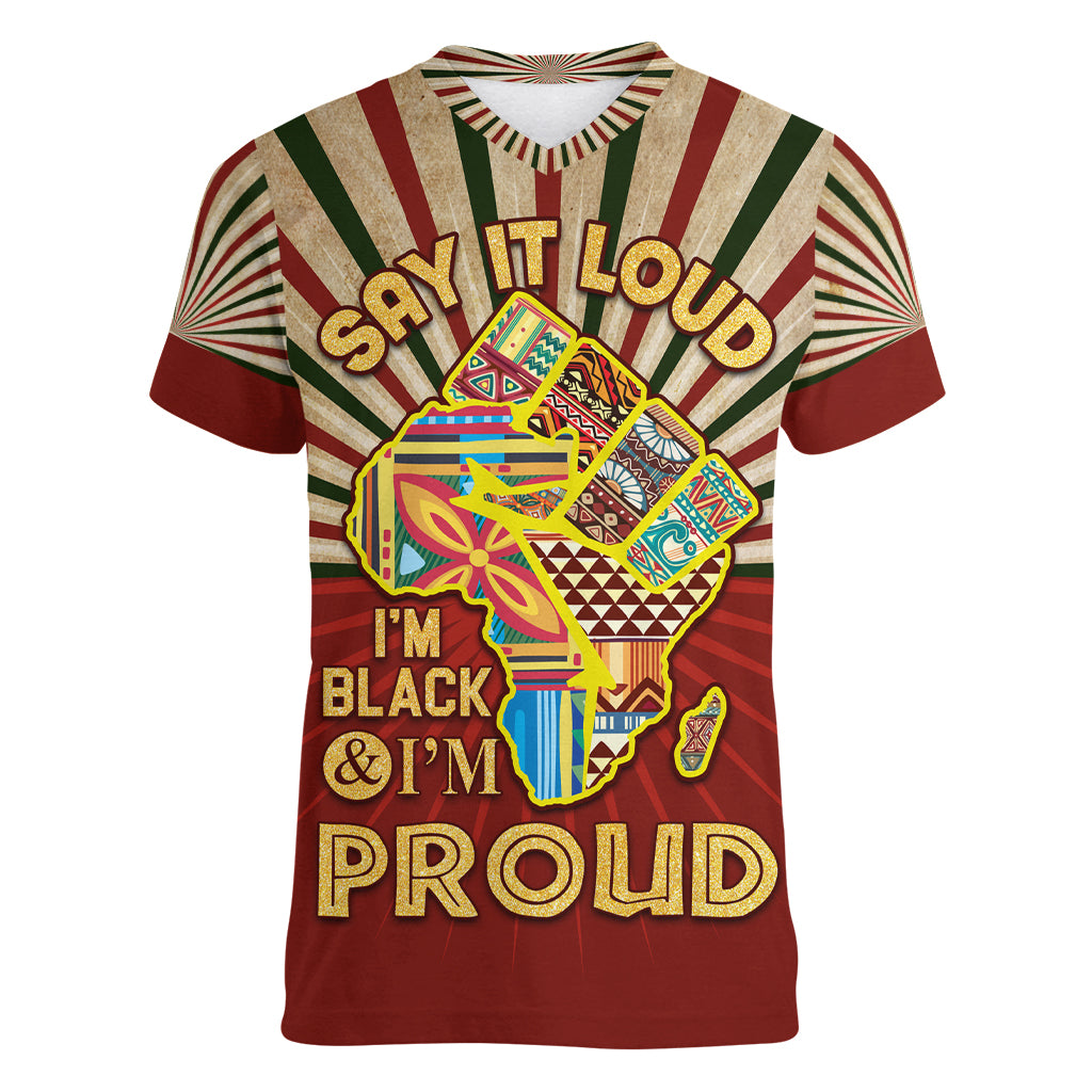 I'm Black and I'm Proud African Women V Neck T Shirt Hand Up Africa Map Art - Wonder Print Shop
