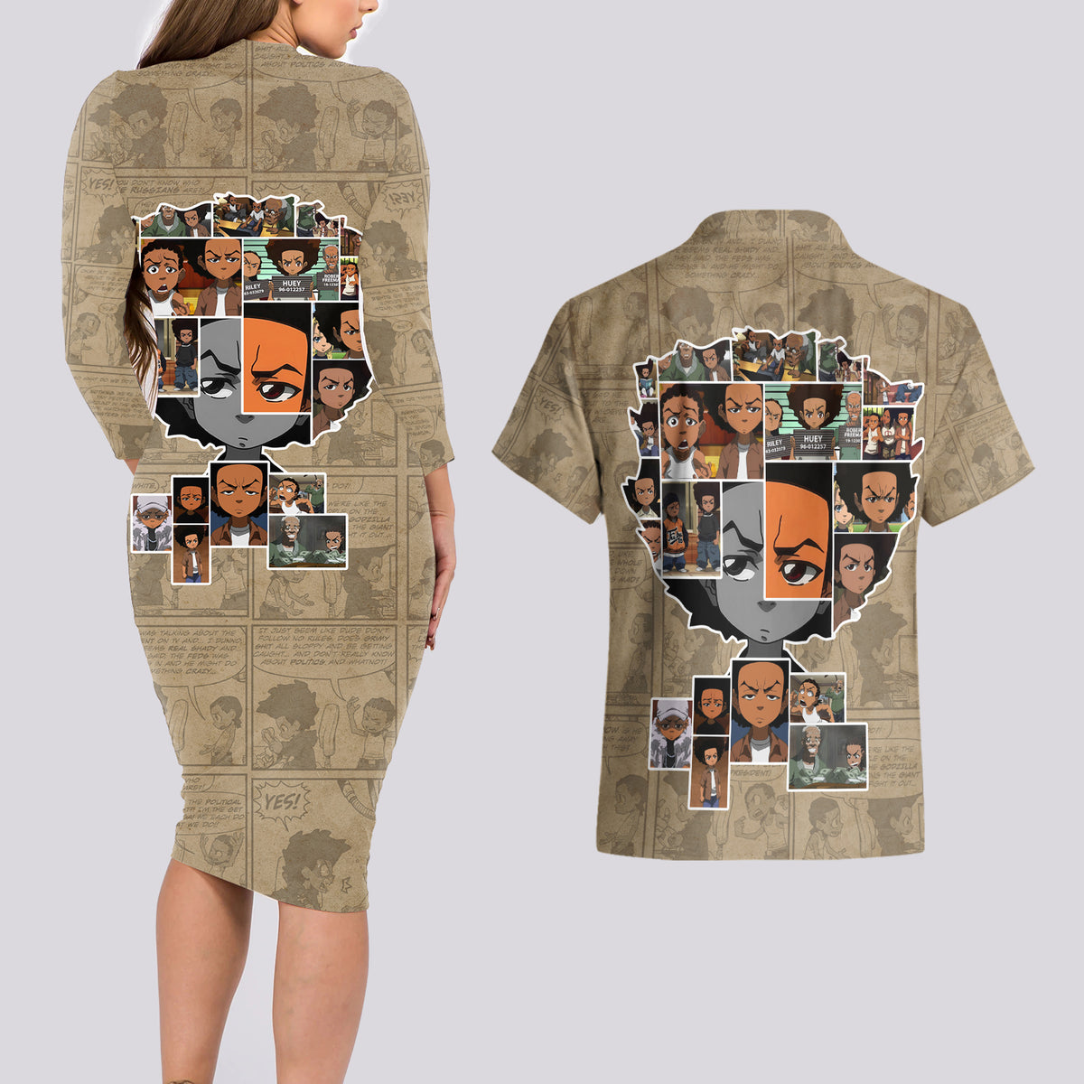 Huey Freeman Couples Matching Long Sleeve Bodycon Dress and Hawaiian Shirt African American - Wonder Print Shop