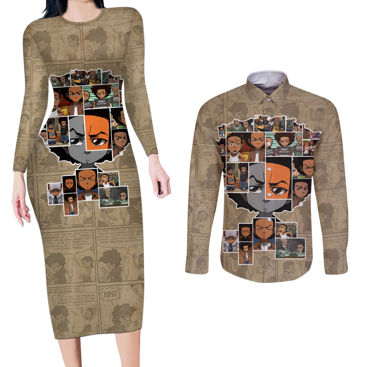 Huey Freeman Couples Matching Long Sleeve Bodycon Dress and Long Sleeve Button Shirt African American - Wonder Print Shop