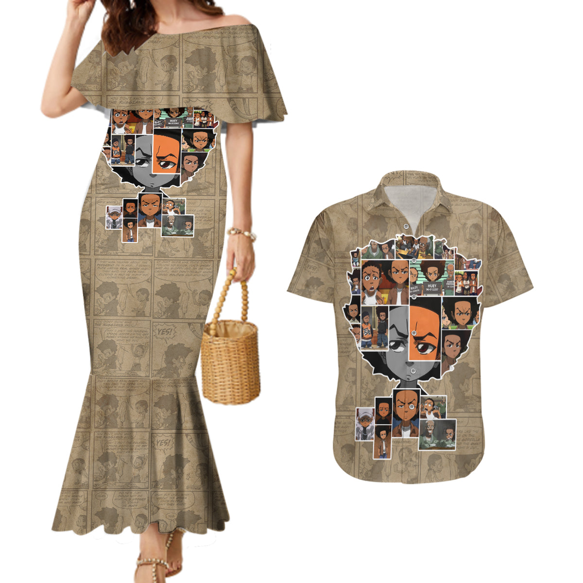 Huey Freeman Couples Matching Mermaid Dress and Hawaiian Shirt African American - Wonder Print Shop