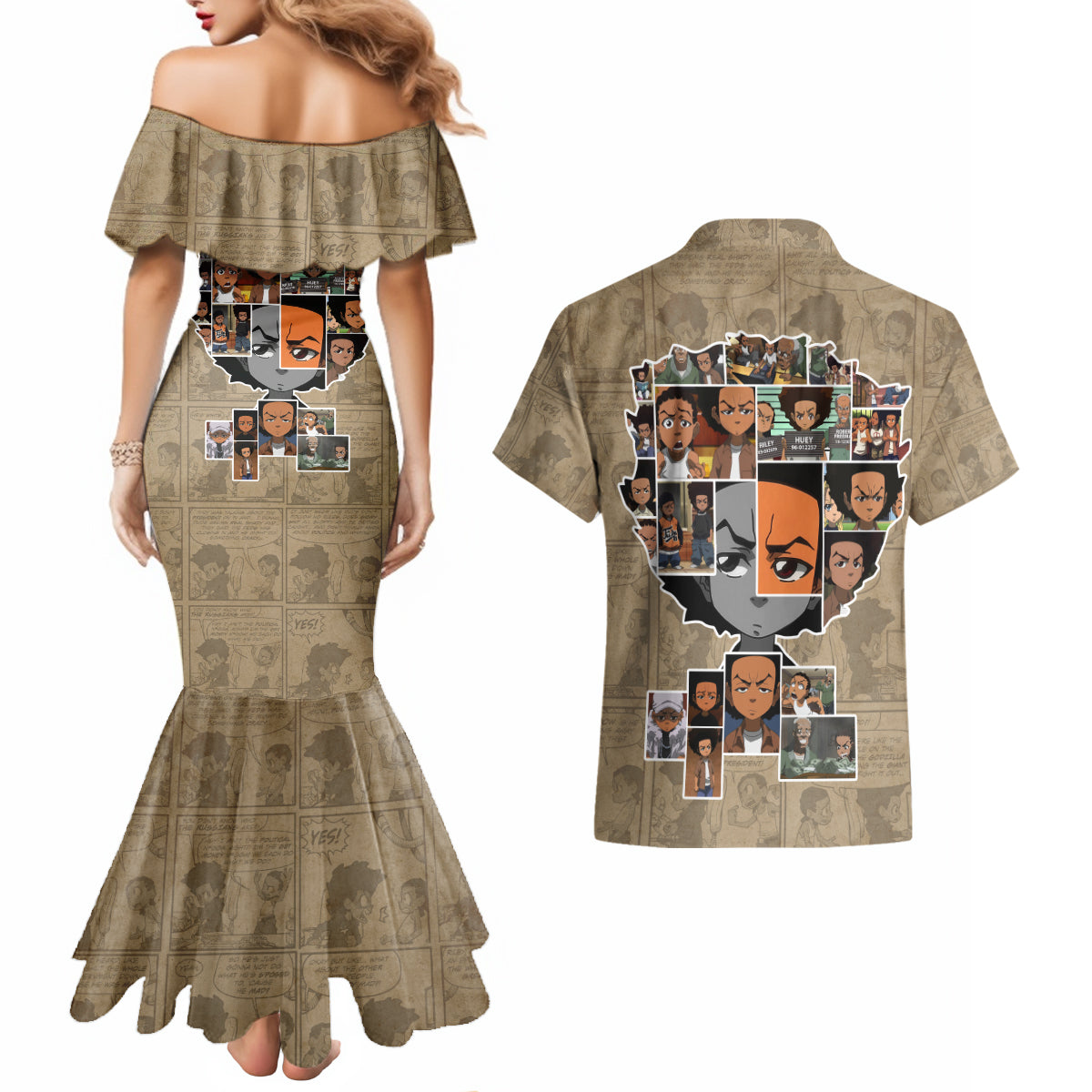 Huey Freeman Couples Matching Mermaid Dress and Hawaiian Shirt African American - Wonder Print Shop
