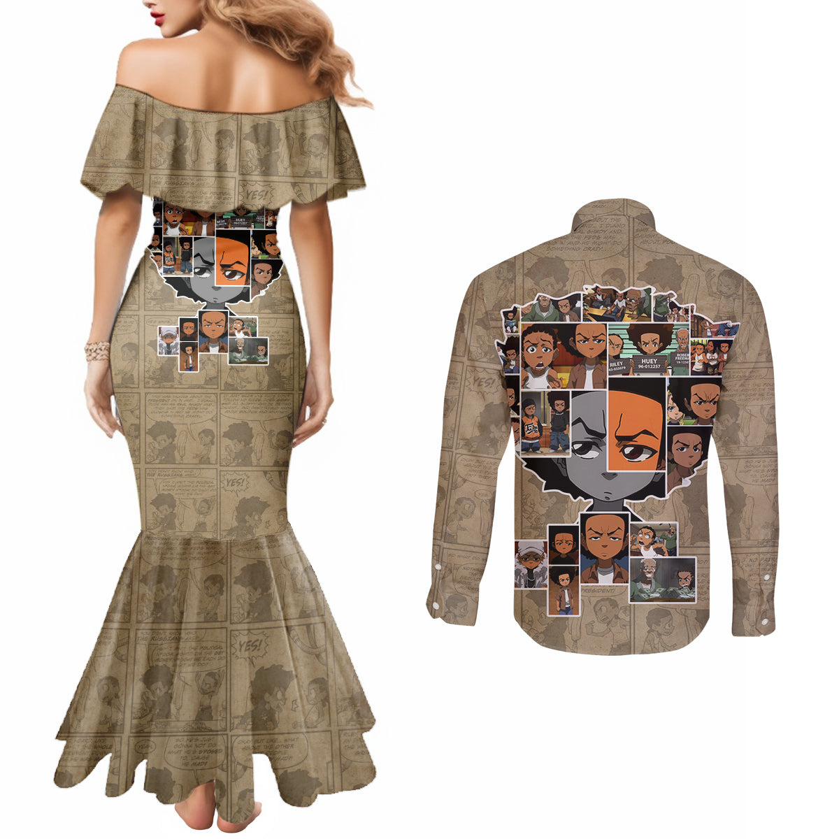 Huey Freeman Couples Matching Mermaid Dress and Long Sleeve Button Shirt African American