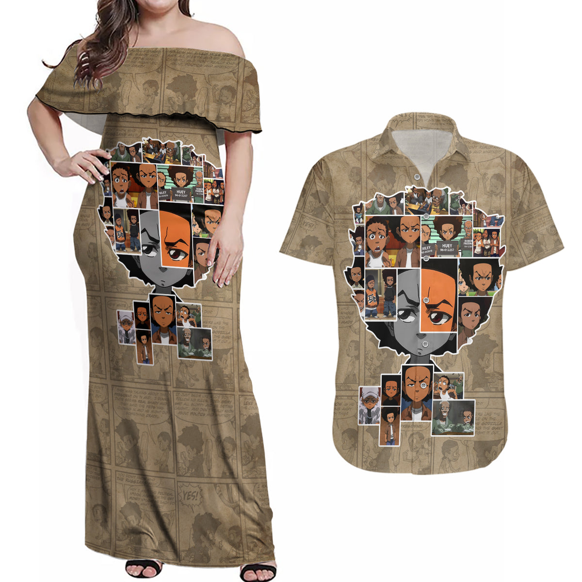 Huey Freeman Couples Matching Off Shoulder Maxi Dress and Hawaiian Shirt African American - Wonder Print Shop