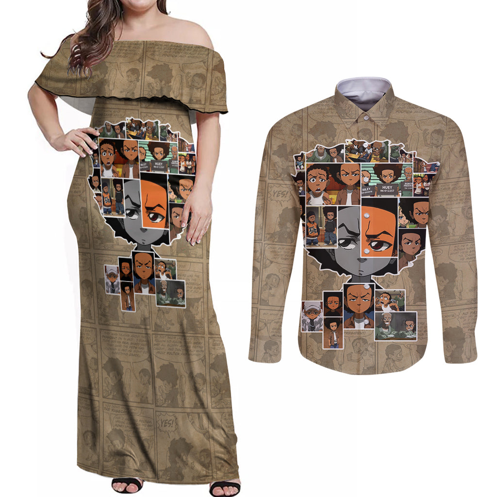 Huey Freeman Couples Matching Off Shoulder Maxi Dress and Long Sleeve Button Shirt African American - Wonder Print Shop