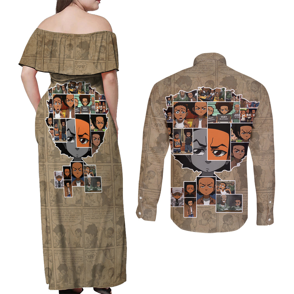 Huey Freeman Couples Matching Off Shoulder Maxi Dress and Long Sleeve Button Shirt African American - Wonder Print Shop