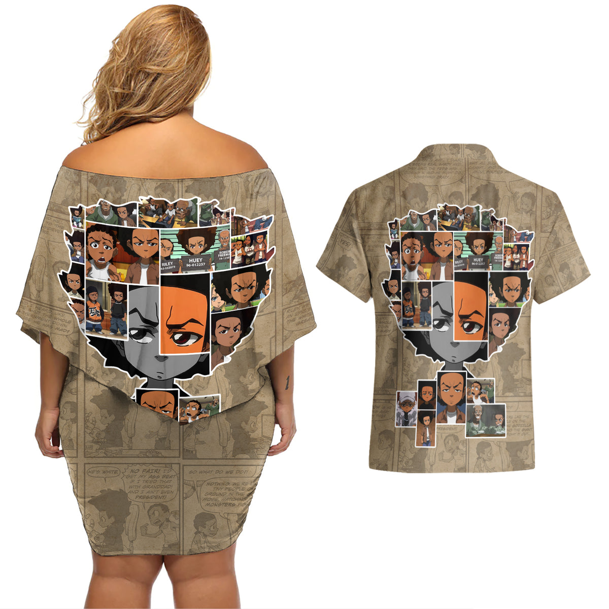 Huey Freeman Couples Matching Off Shoulder Short Dress and Hawaiian Shirt African American - Wonder Print Shop