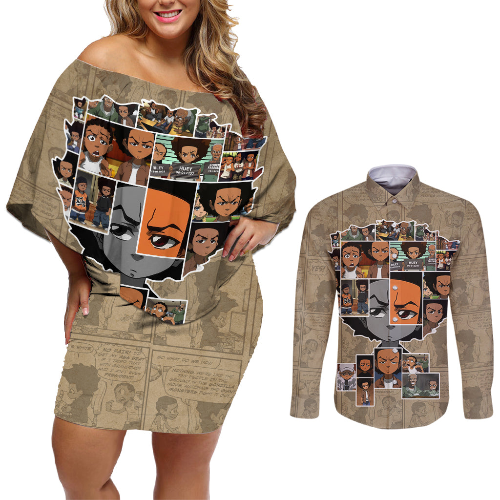 Huey Freeman Couples Matching Off Shoulder Short Dress and Long Sleeve Button Shirt African American - Wonder Print Shop