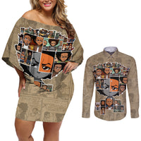Huey Freeman Couples Matching Off Shoulder Short Dress and Long Sleeve Button Shirt African American - Wonder Print Shop