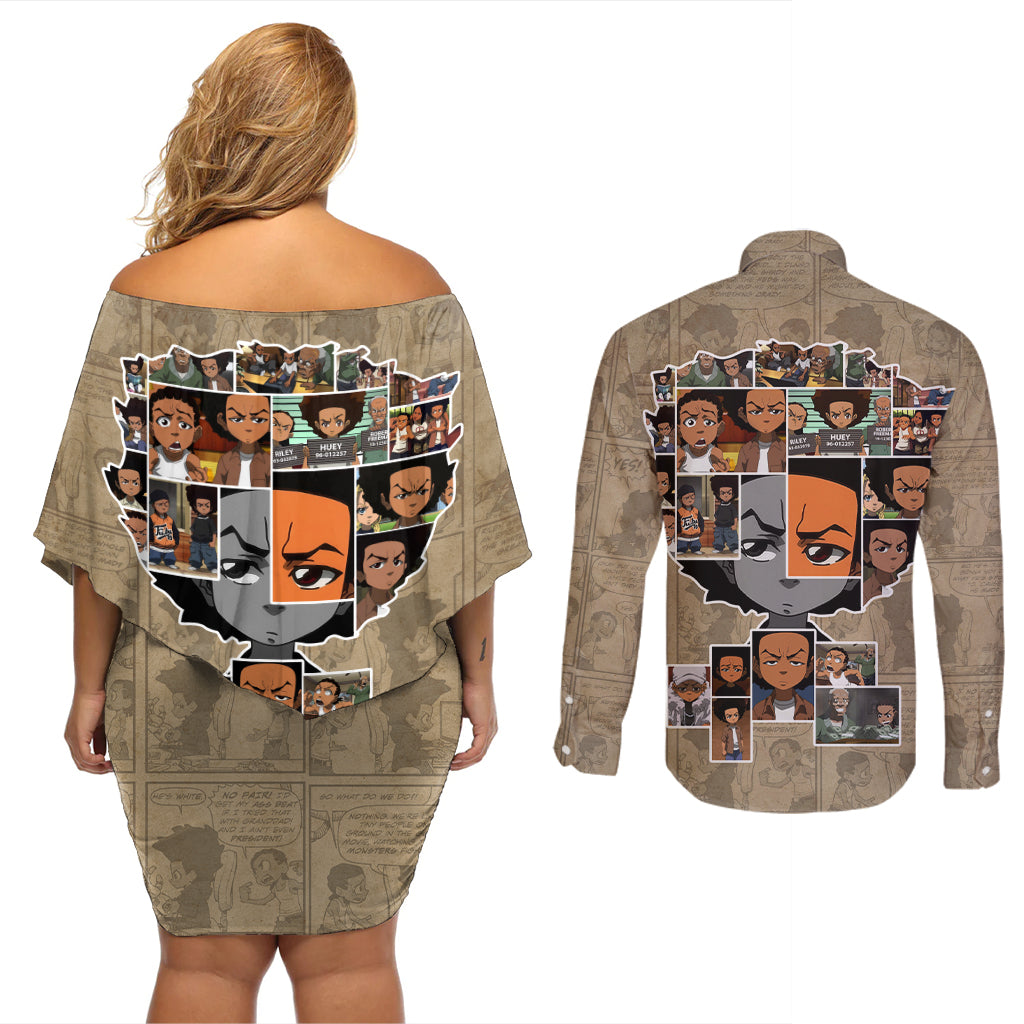Huey Freeman Couples Matching Off Shoulder Short Dress and Long Sleeve Button Shirt African American - Wonder Print Shop