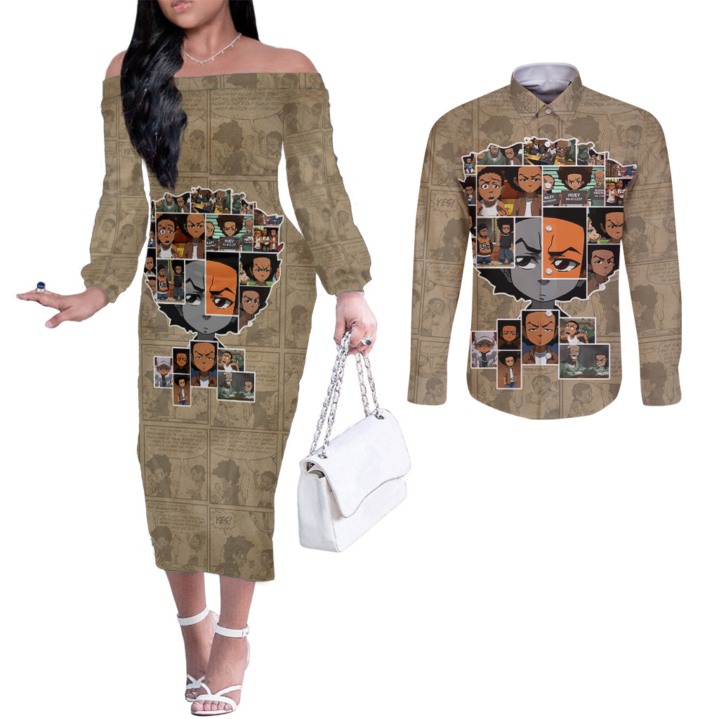 Huey Freeman Couples Matching Off The Shoulder Long Sleeve Dress and Long Sleeve Button Shirt African American