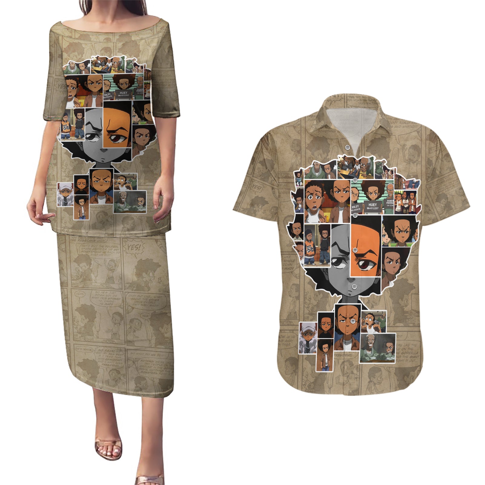 Huey Freeman Couples Matching Puletasi and Hawaiian Shirt African American - Wonder Print Shop