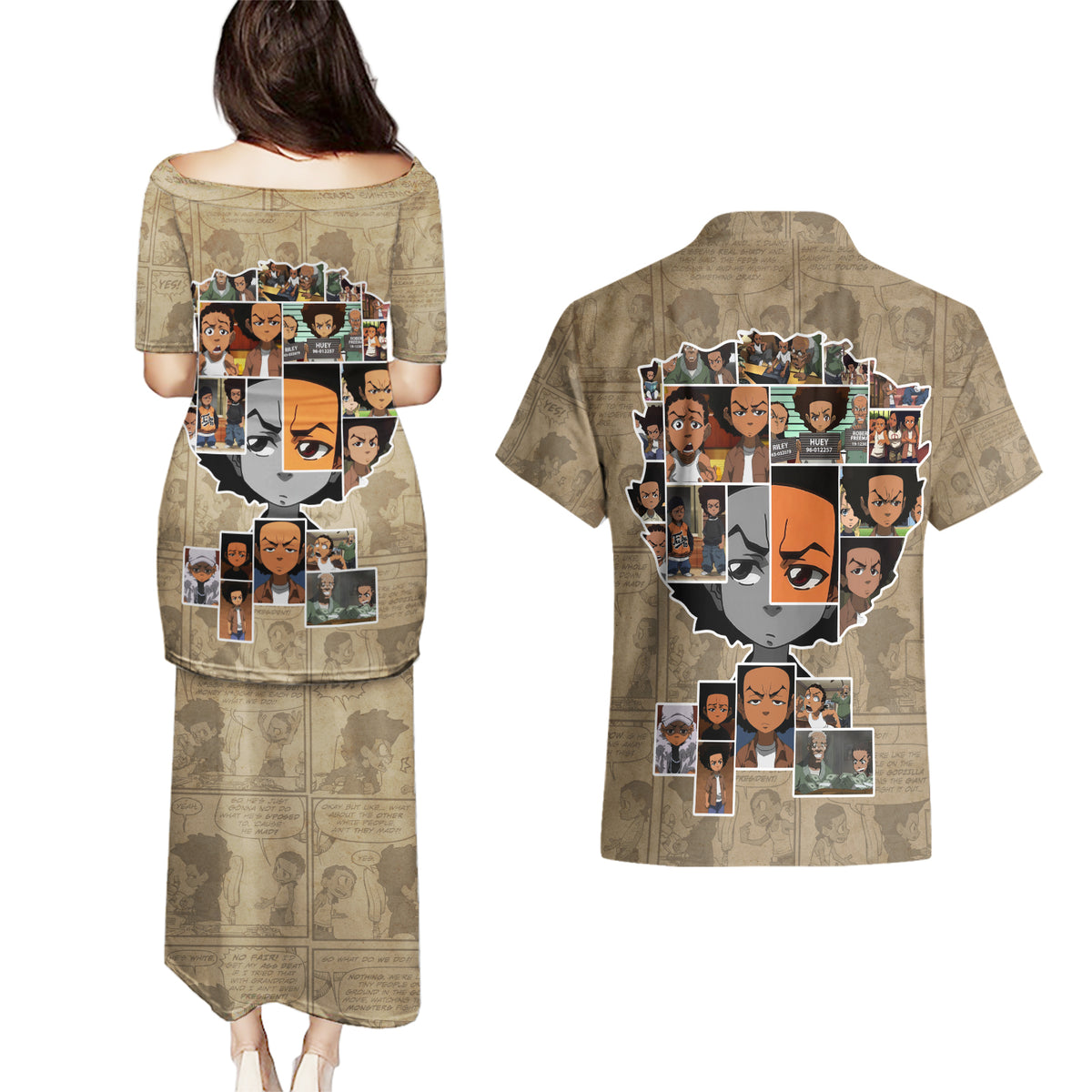Huey Freeman Couples Matching Puletasi and Hawaiian Shirt African American - Wonder Print Shop