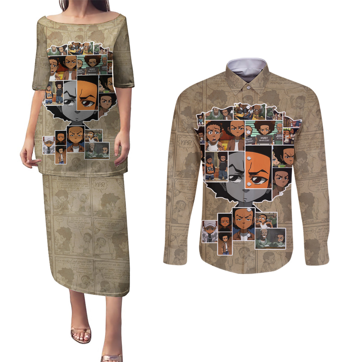 Huey Freeman Couples Matching Puletasi and Long Sleeve Button Shirt African American - Wonder Print Shop