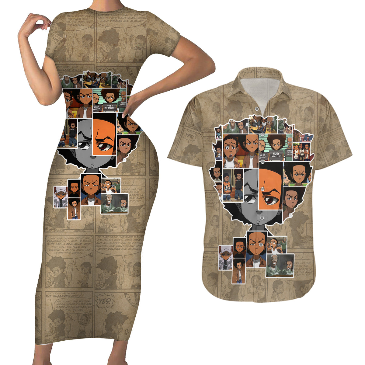 Huey Freeman Couples Matching Short Sleeve Bodycon Dress and Hawaiian Shirt African American - Wonder Print Shop