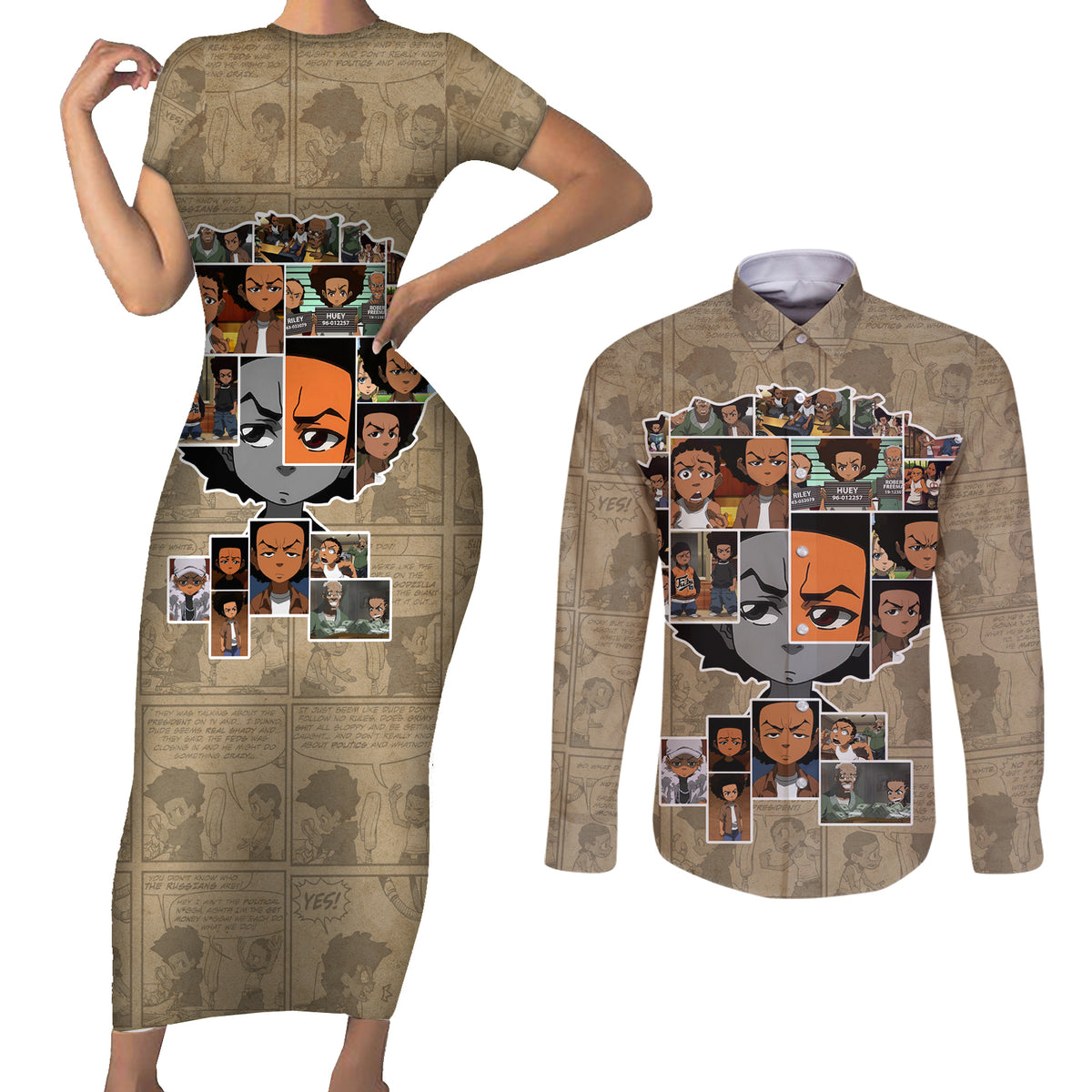 Huey Freeman Couples Matching Short Sleeve Bodycon Dress and Long Sleeve Button Shirt African American - Wonder Print Shop