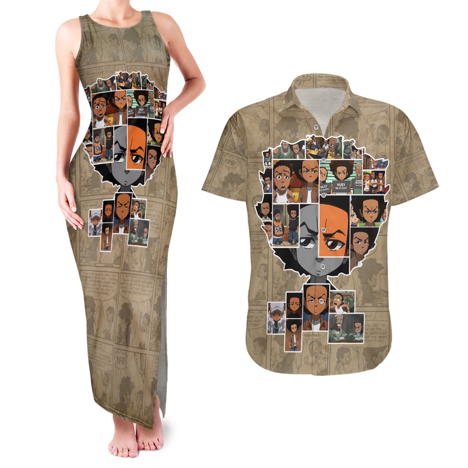 Huey Freeman Couples Matching Tank Maxi Dress and Hawaiian Shirt African American - Wonder Print Shop