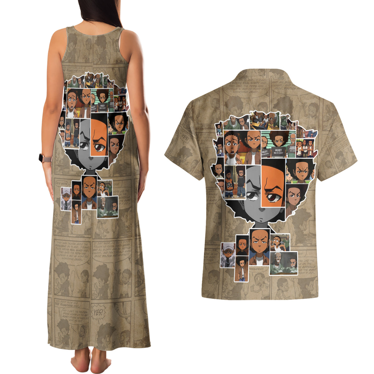Huey Freeman Couples Matching Tank Maxi Dress and Hawaiian Shirt African American - Wonder Print Shop