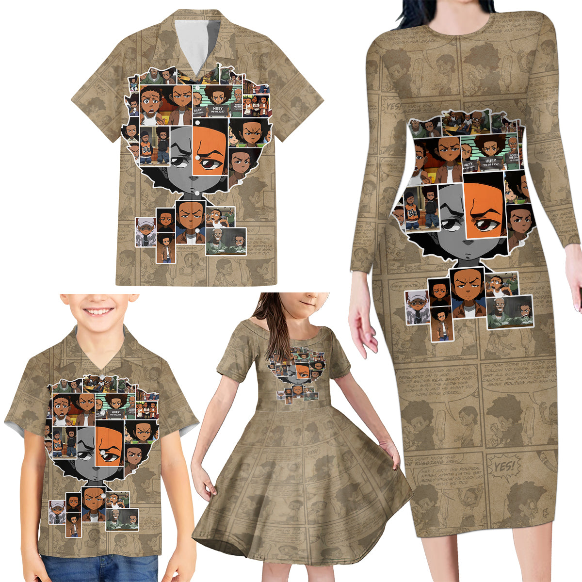Huey Freeman Family Matching Long Sleeve Bodycon Dress and Hawaiian Shirt African American - Wonder Print Shop