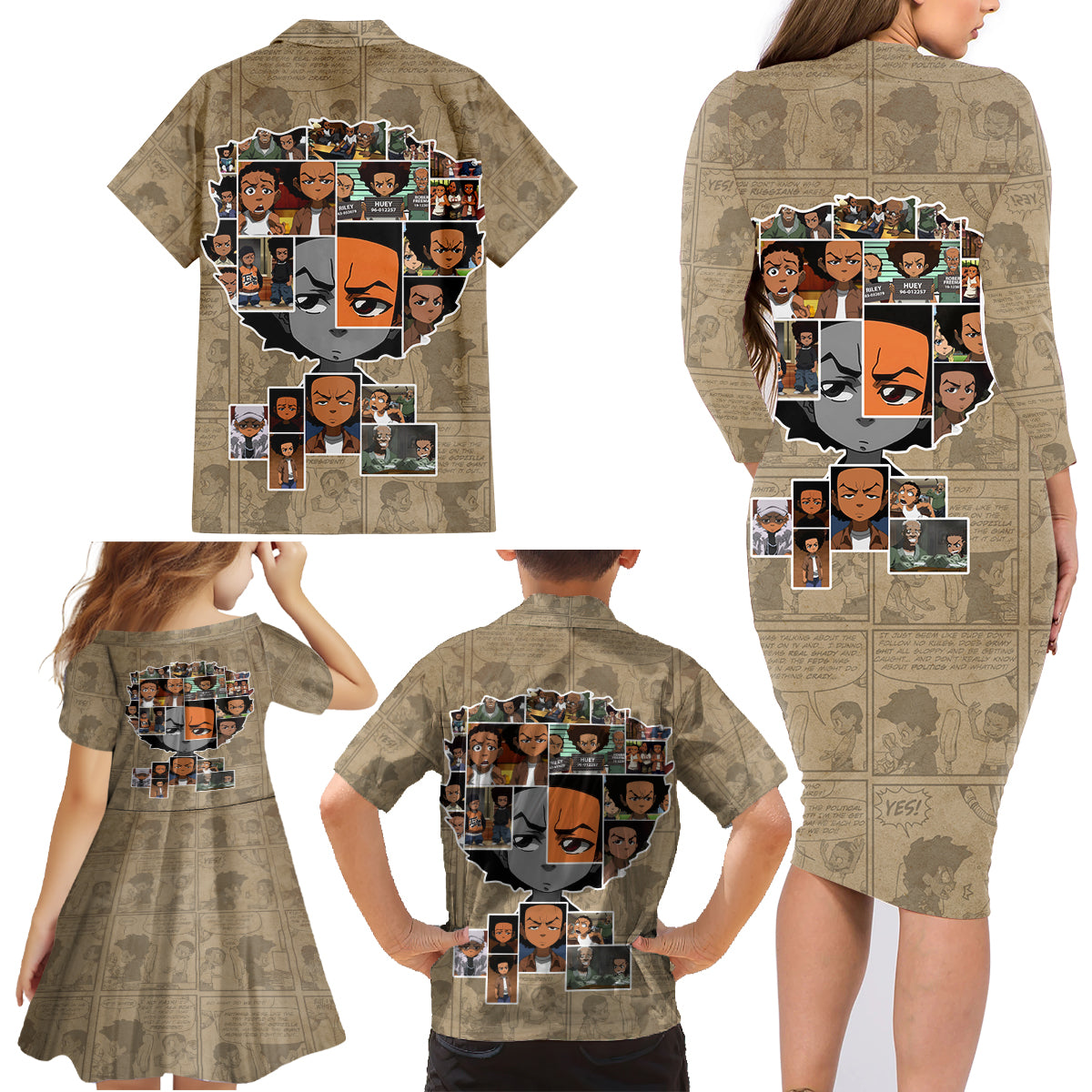 Huey Freeman Family Matching Long Sleeve Bodycon Dress and Hawaiian Shirt African American - Wonder Print Shop