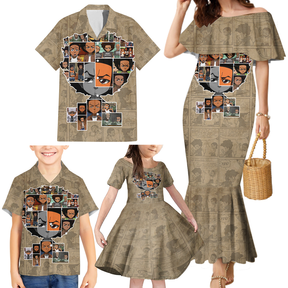 Huey Freeman Family Matching Mermaid Dress and Hawaiian Shirt African American - Wonder Print Shop