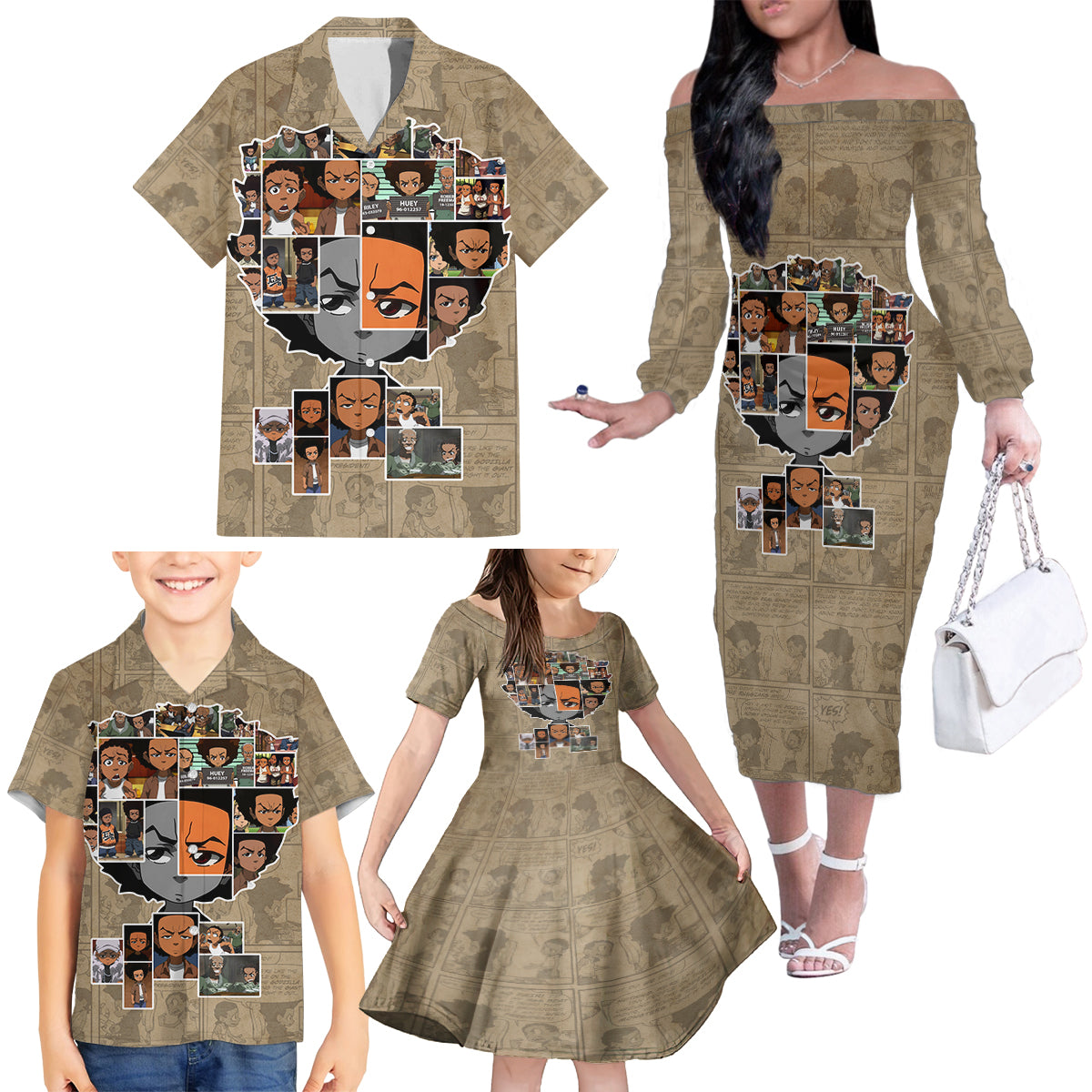 Huey Freeman Family Matching Off The Shoulder Long Sleeve Dress and Hawaiian Shirt African American - Wonder Print Shop