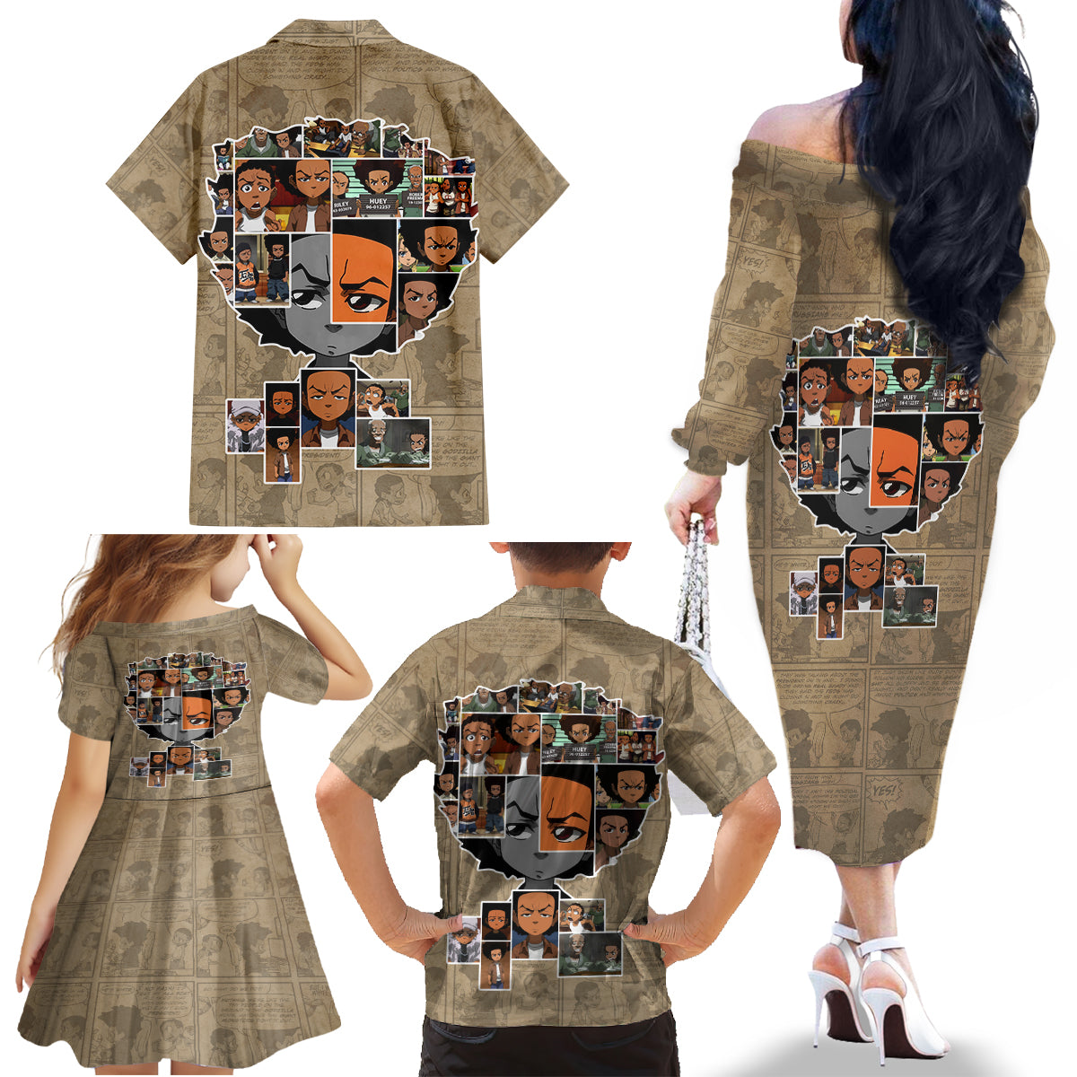 Huey Freeman Family Matching Off The Shoulder Long Sleeve Dress and Hawaiian Shirt African American - Wonder Print Shop