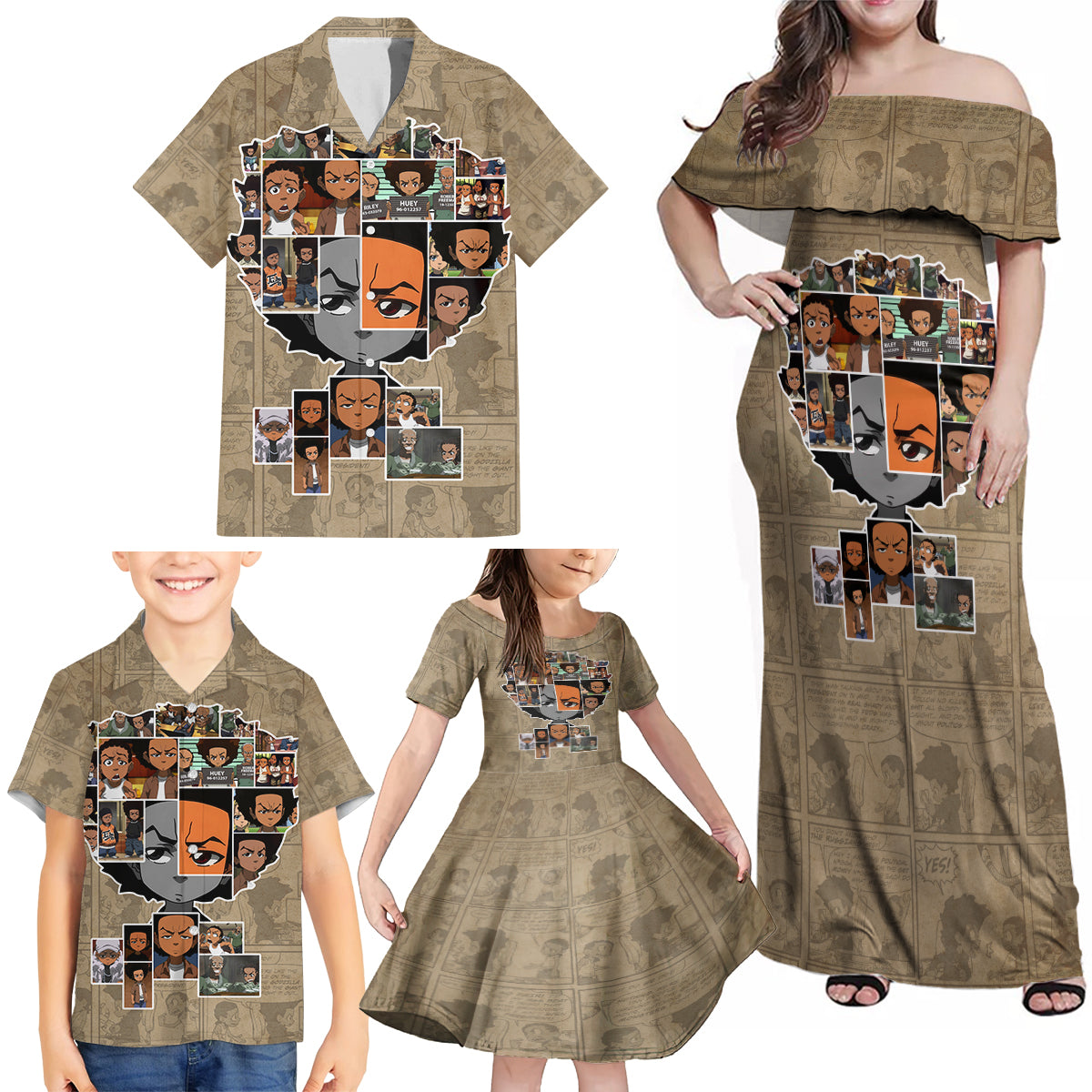 Huey Freeman Family Matching Off Shoulder Maxi Dress and Hawaiian Shirt African American - Wonder Print Shop