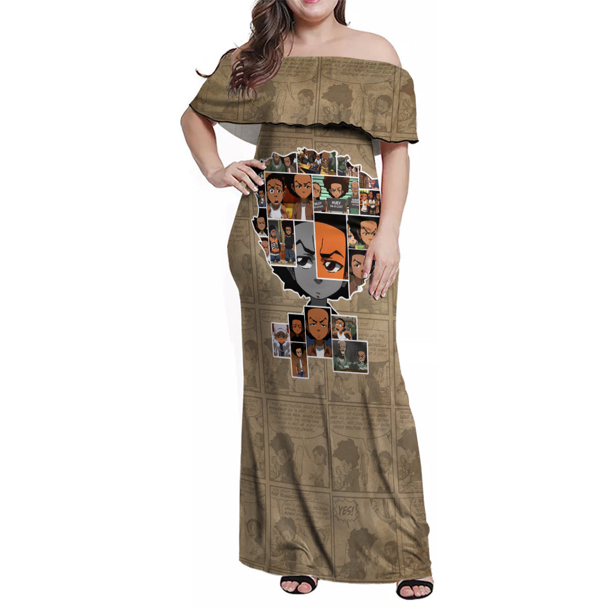 Huey Freeman Family Matching Off Shoulder Maxi Dress and Hawaiian Shirt African American - Wonder Print Shop