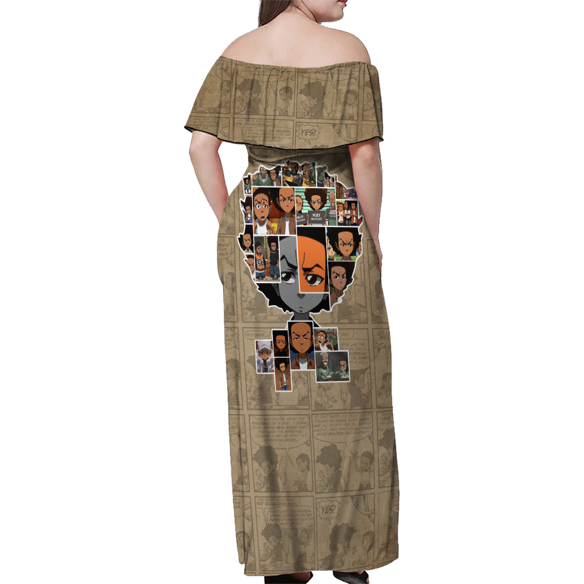 Huey Freeman Family Matching Off Shoulder Maxi Dress and Hawaiian Shirt African American - Wonder Print Shop