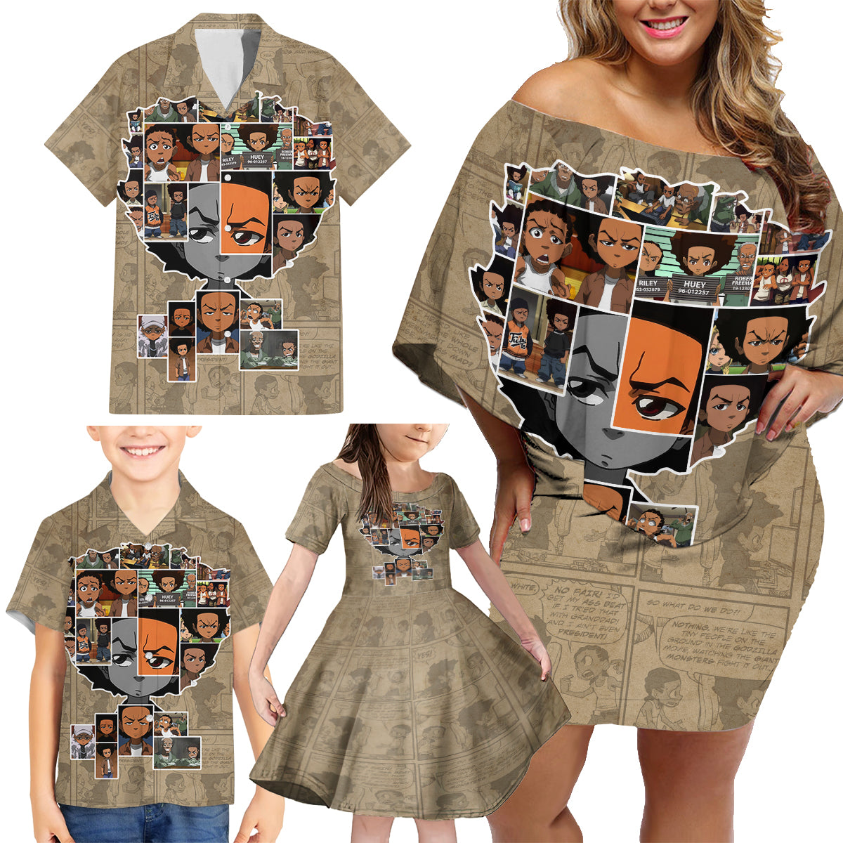 Huey Freeman Family Matching Off Shoulder Short Dress and Hawaiian Shirt African American - Wonder Print Shop