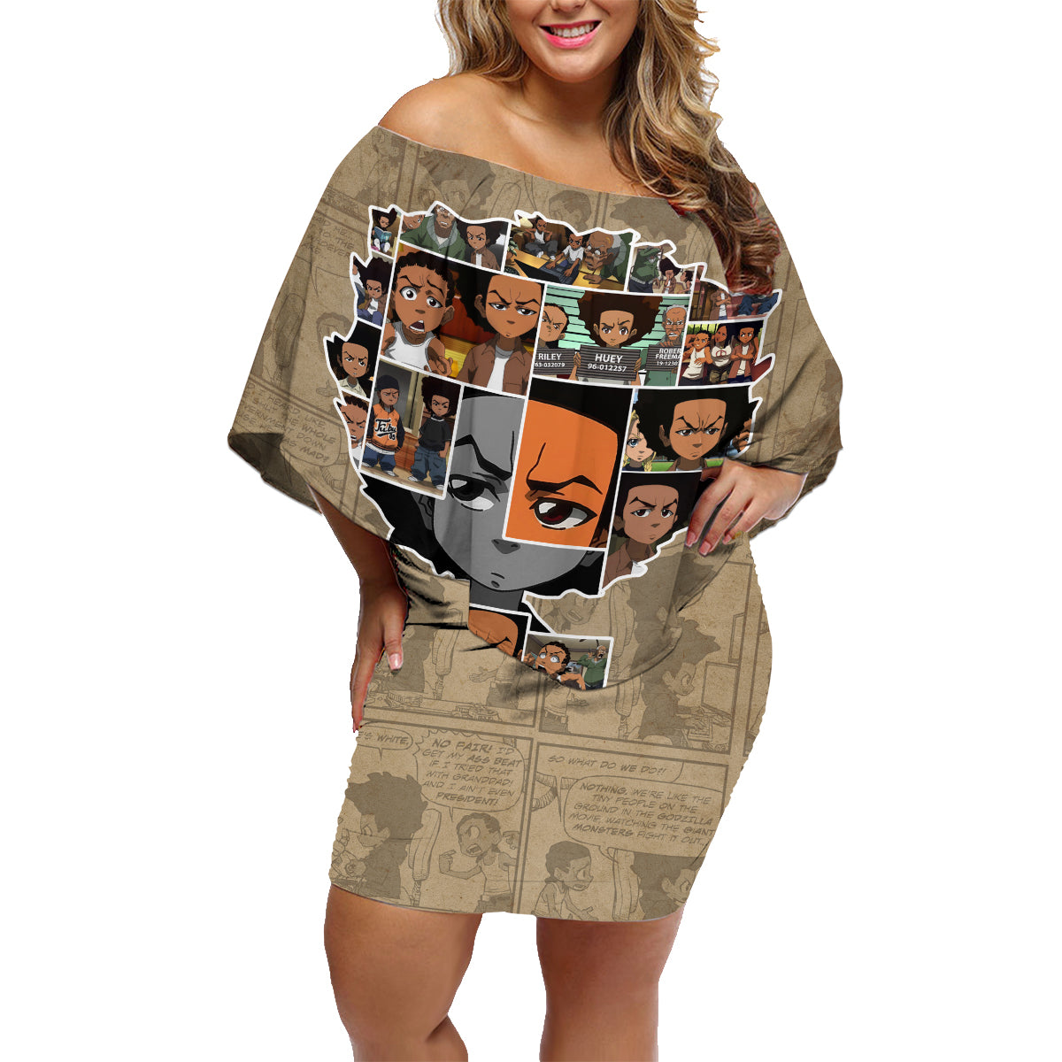 Huey Freeman Family Matching Off Shoulder Short Dress and Hawaiian Shirt African American - Wonder Print Shop