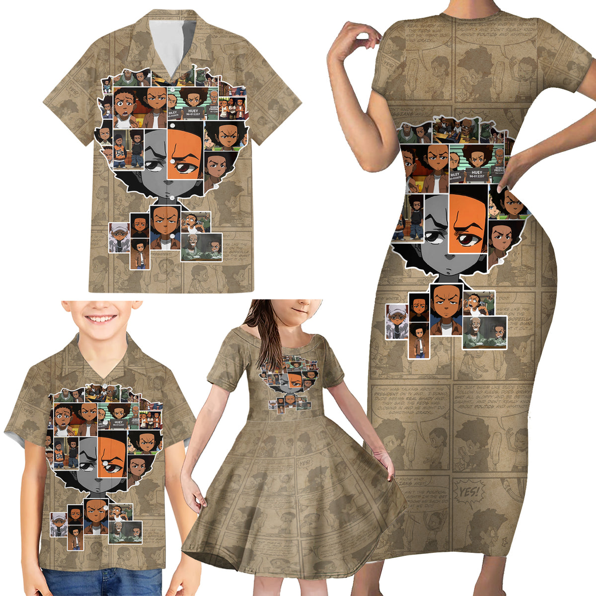 Huey Freeman Family Matching Short Sleeve Bodycon Dress and Hawaiian Shirt African American - Wonder Print Shop