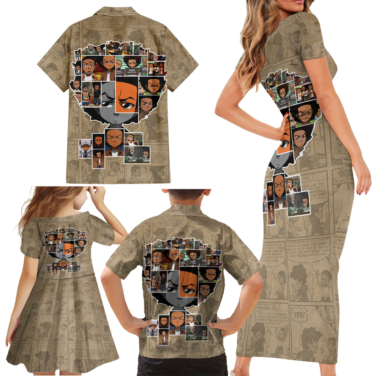 Huey Freeman Family Matching Short Sleeve Bodycon Dress and Hawaiian Shirt African American - Wonder Print Shop