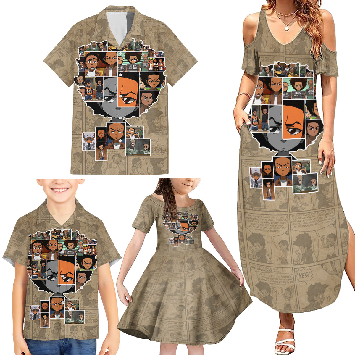 Huey Freeman Family Matching Summer Maxi Dress and Hawaiian Shirt African American - Wonder Print Shop